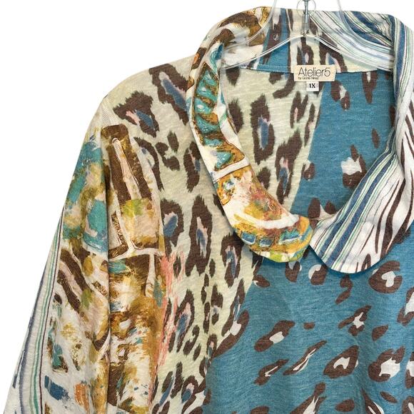 Atelier5 Mixed Print Top Womens Size 1X Lagenlook Peter Pan Collar Funky Artsy - Picture 2 of 7